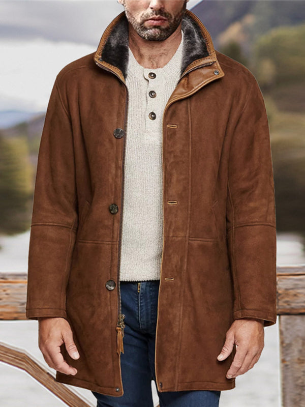 Men's mid-length loose zipper woolen coat (Brown)