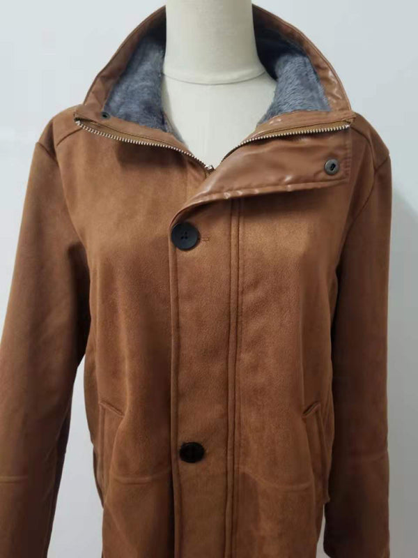 Men's mid-length loose zipper woolen coat (Brown)