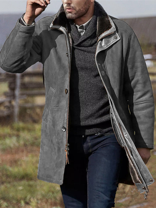 Men's mid-length loose zipper woolen coat (Grey)