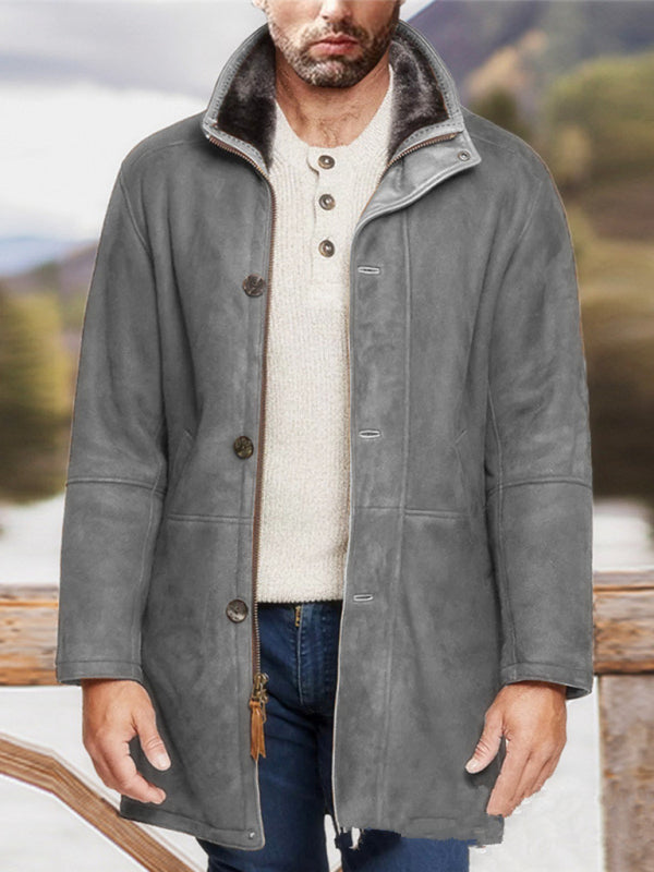 Men's mid-length loose zipper woolen coat (Grey)