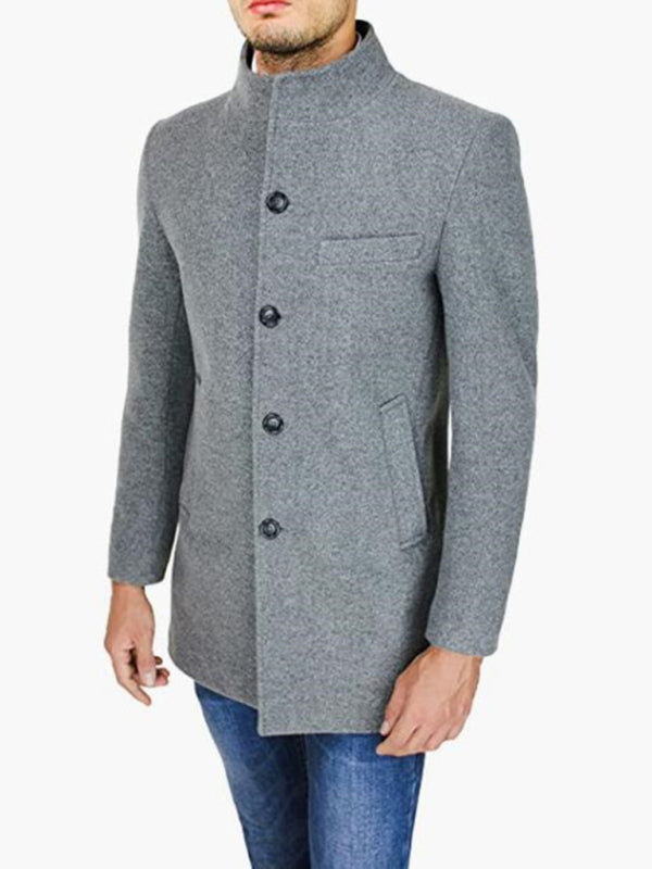 Men's slim woolen coat with stand collar (Grey)