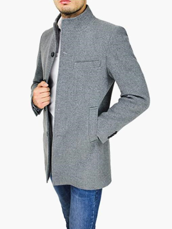 Men's slim woolen coat with stand collar (Grey)