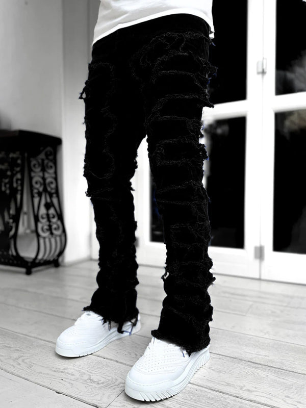 Men's new stretch patch denim straight pants (Black)