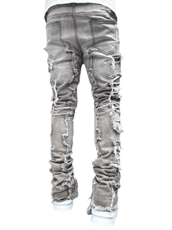 Men's new stretch patch denim straight pants (Grey)