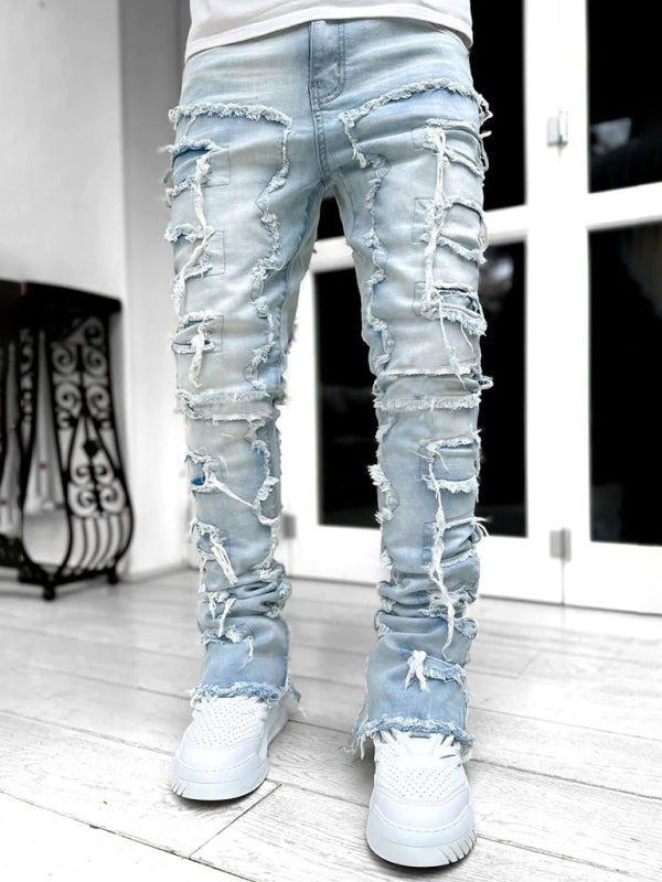 Men's new stretch patch denim straight pants