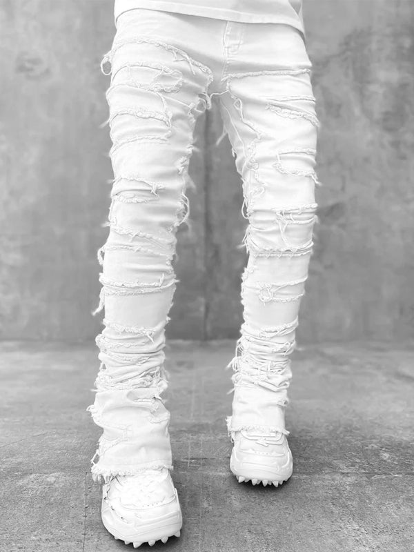 Men's new stretch patch denim straight pants (White)