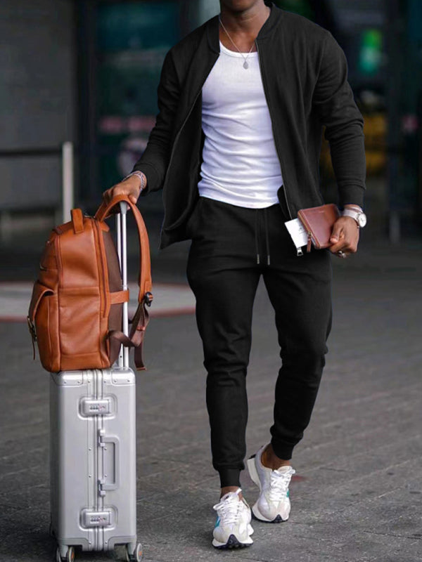 Men's new casual solid color baseball collar jacket suit (Black)