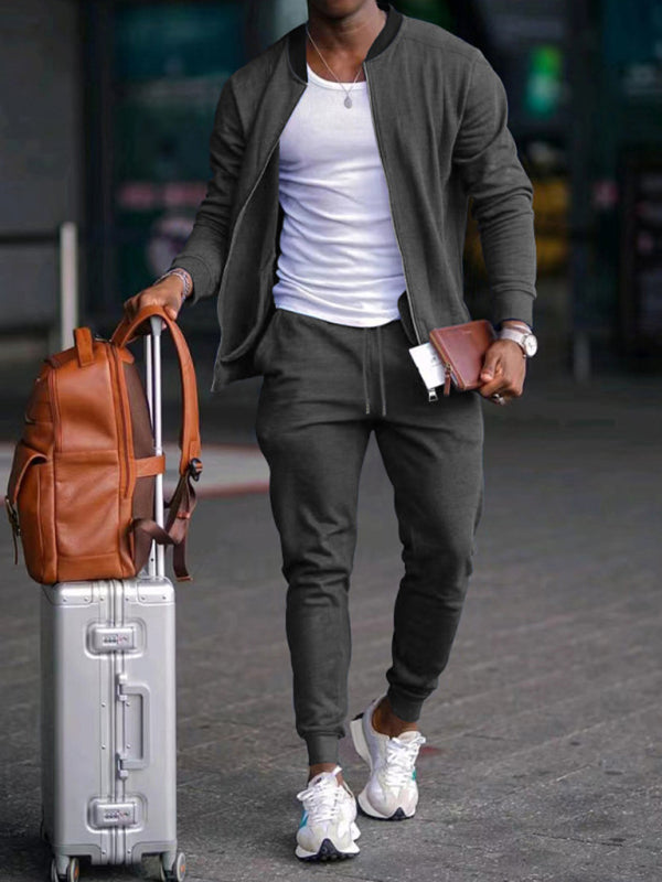 Men's new casual solid color baseball collar jacket suit (Charcoal Grey)