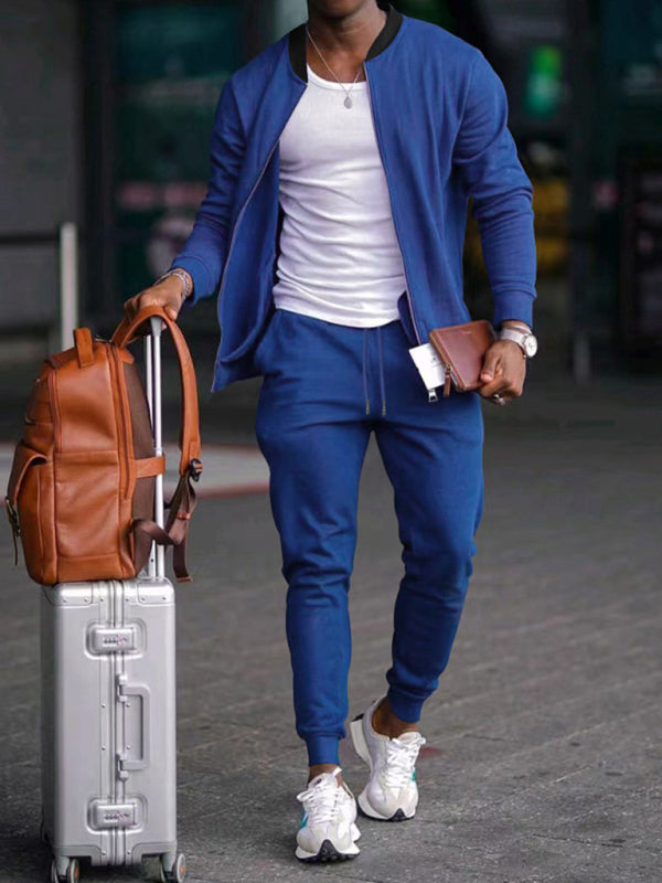 Men's new casual solid color baseball collar jacket suit (Royal Blue)