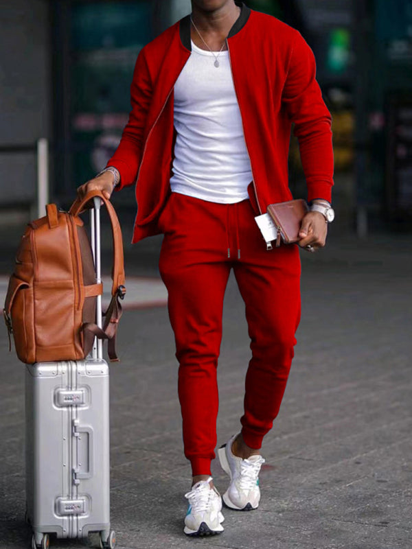 Men's new casual solid color baseball collar jacket suit (Red)