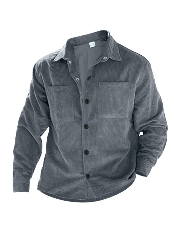 Men's new casual multi-pocket solid color corduroy button-down shirt