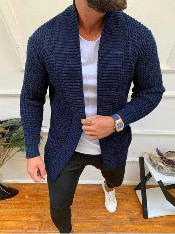 Men's new solid color loose casual knitted cardigan (Dark Blue)