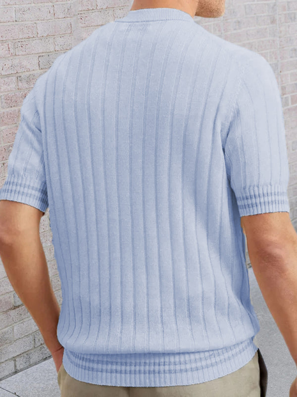 Men's POLO shirt turned short -sleeved slim sweater (Blue)