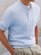 Men's POLO shirt turned short -sleeved slim sweater (Blue)