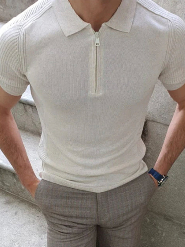 Men's new knitted sweater slim fit polo collar short-sleeved top (Cream)