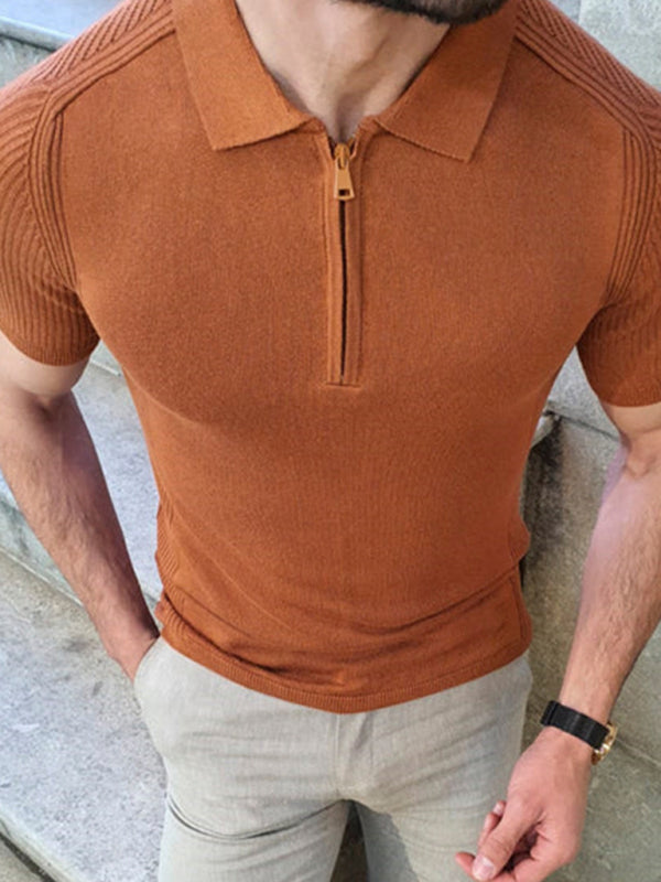 Men's new knitted sweater slim fit polo collar short-sleeved top (Brown)