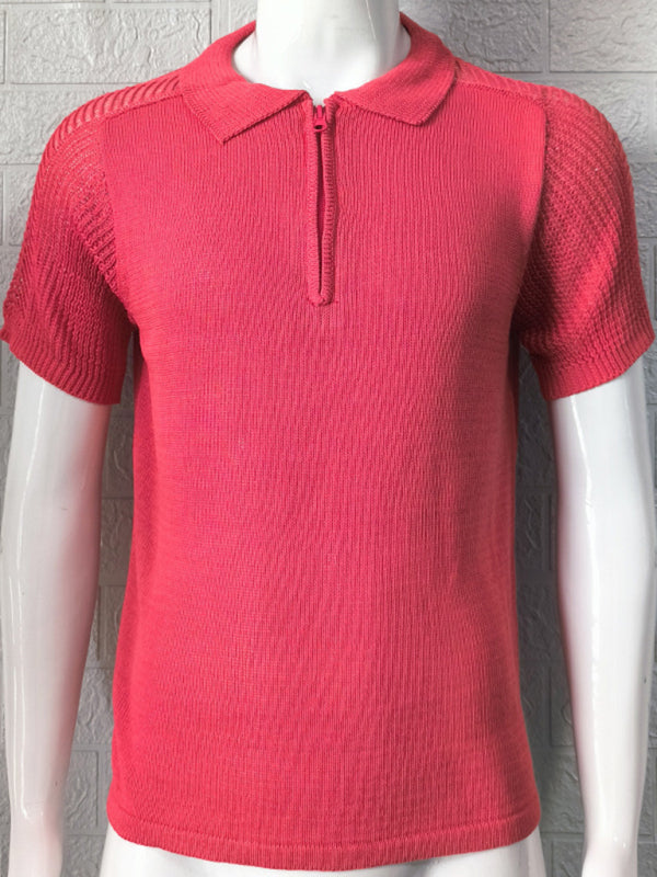 Men's new knitted sweater slim fit polo collar short-sleeved top (Red)