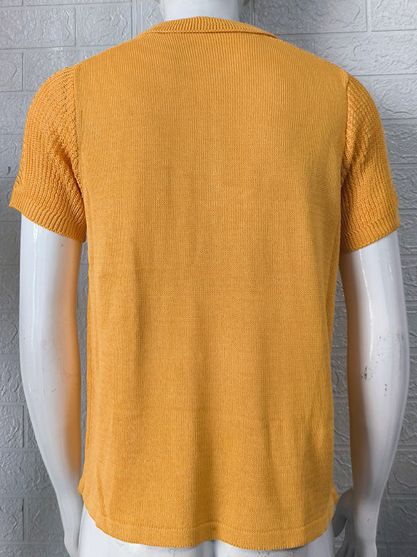 Men's new knitted sweater slim fit polo collar short-sleeved top (Orange)