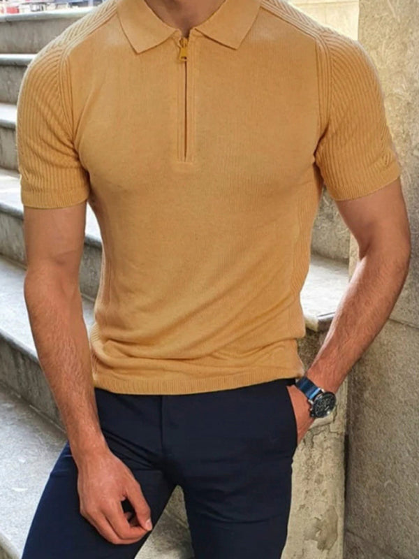 Men's new knitted sweater slim fit polo collar short-sleeved top (Orange)
