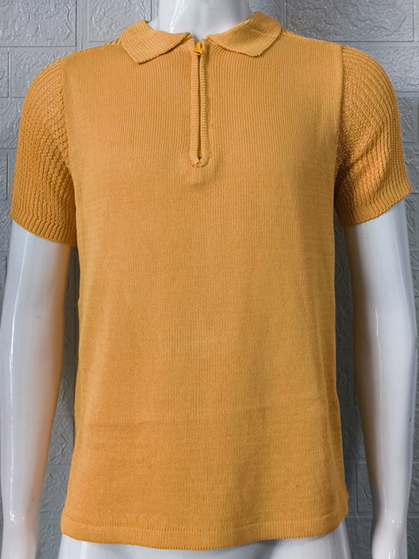 Men's new knitted sweater slim fit polo collar short-sleeved top (Orange)