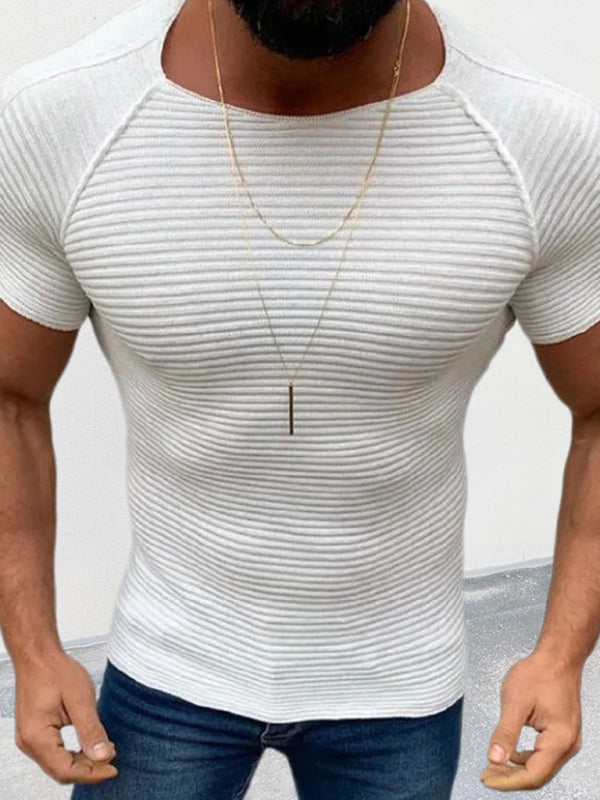 Men's new solid color slim round neck short-sleeved knitted top