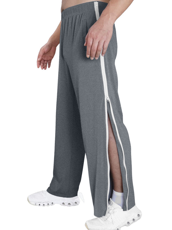 Men's new solid color trendy sports side zipper loose sweatpants (Charcoal Grey)