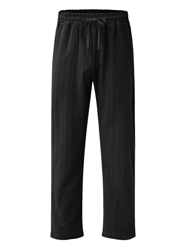 Men's vertical striped lace-up elastic waist beach pants casual trousers (Black)