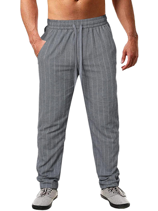 Men's vertical striped lace-up elastic waist beach pants casual trousers (Grey)