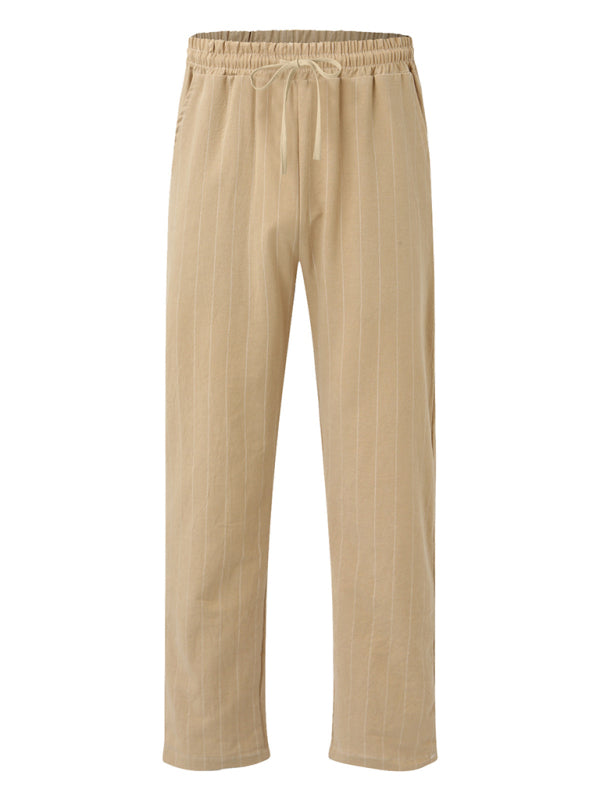 Men's vertical striped lace-up elastic waist beach pants casual trousers (Khaki)