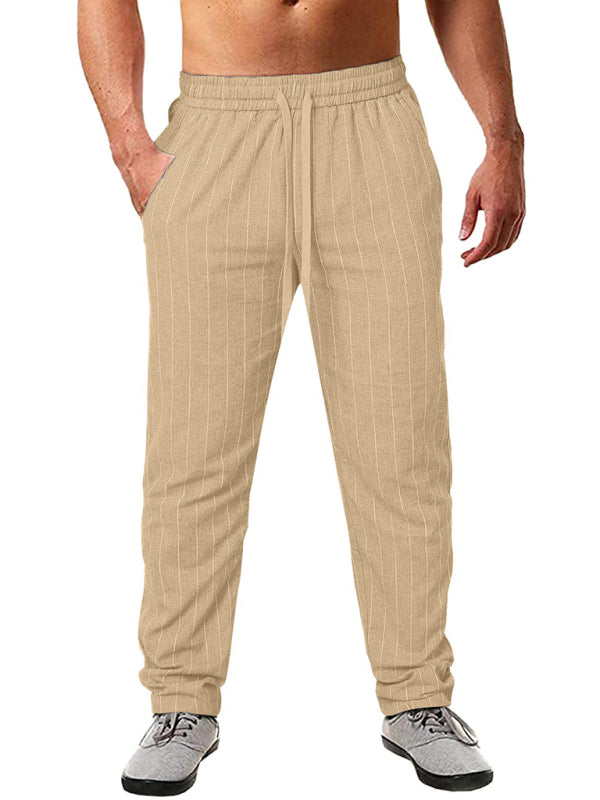 Men's vertical striped lace-up elastic waist beach pants casual trousers (Khaki)