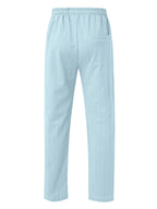 Men's vertical striped lace-up elastic waist beach pants casual trousers (Sky Blue Azure)