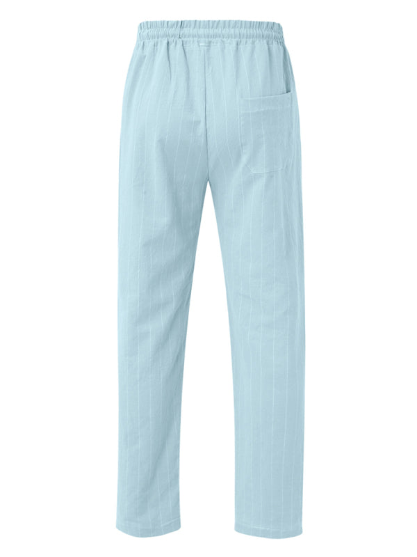 Men's vertical striped lace-up elastic waist beach pants casual trousers (Sky Blue Azure)