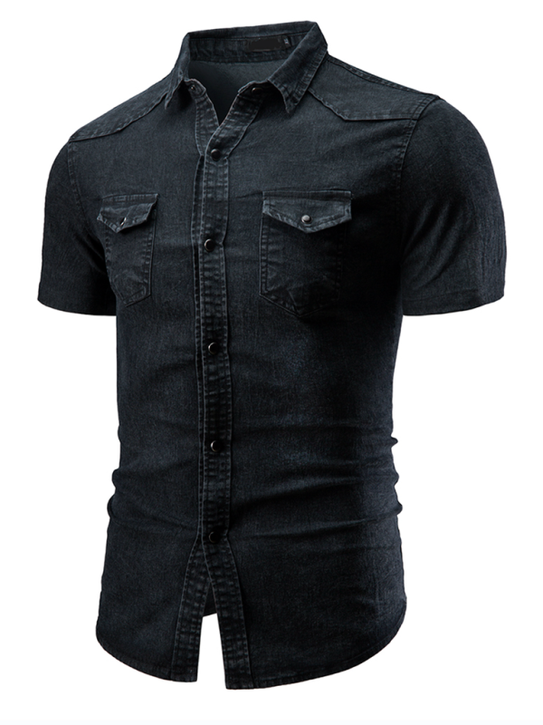 New Men's Solid Color Denim Pocket Decorated Short Sleeve Shirt