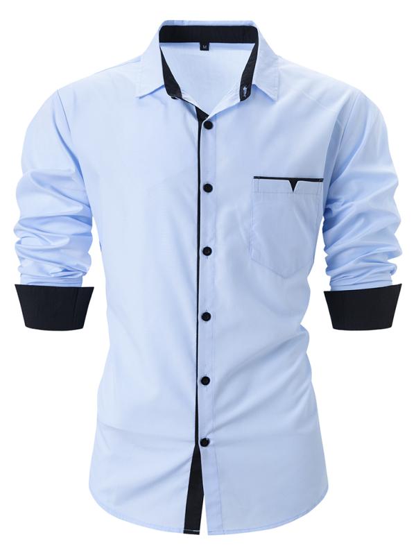 Casual lapel contrast color long sleeve shirt (Blue)