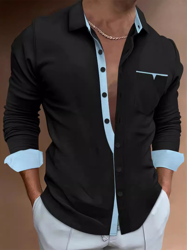 Casual lapel contrast color long sleeve shirt (Black)
