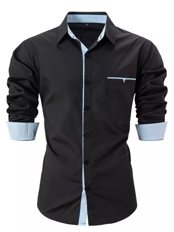 Casual lapel contrast color long sleeve shirt (Black)