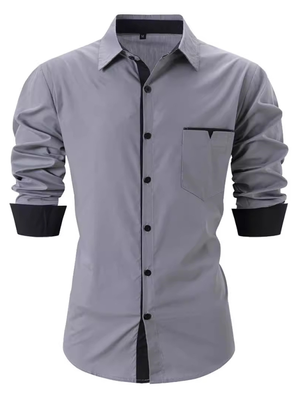 Casual lapel contrast color long sleeve shirt (Grey)