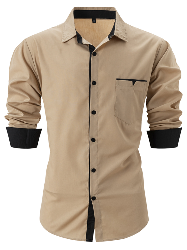 Casual lapel contrast color long sleeve shirt (Khaki)