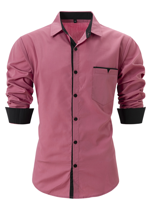 Casual lapel contrast color long sleeve shirt (Pink)