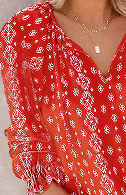 Ladies Casual Fashion Printed Shirts V Neck Long Sleeves