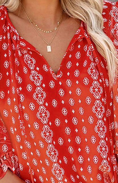 Ladies Casual Fashion Printed Shirts V Neck Long Sleeves