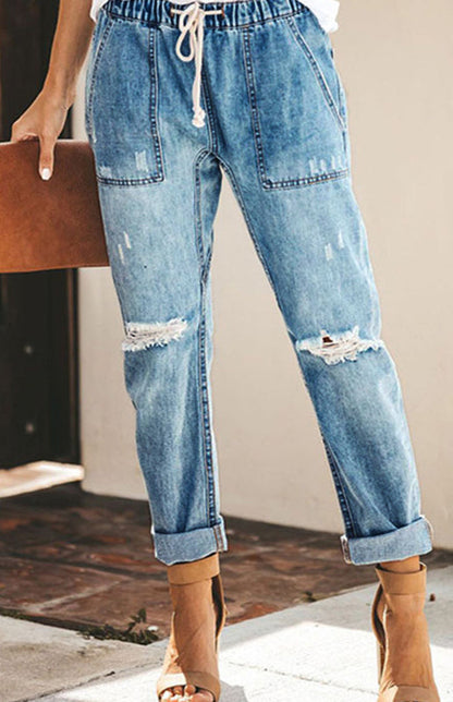 Ladies Fashion Elastic Waist Drawstring Jeans