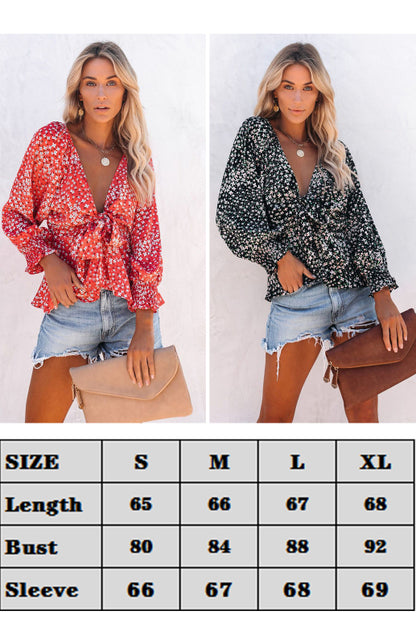 Women's Floral Print V-Neck Tie Waist Long Sleeve Shirt
