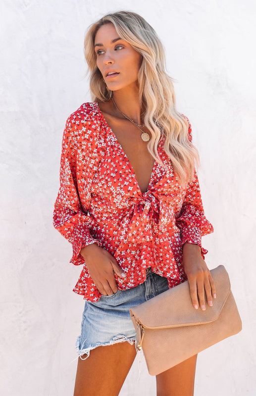 Women's Floral Print V-Neck Tie Waist Long Sleeve Shirt