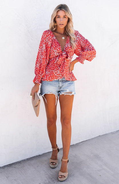 Women's Floral Print V-Neck Tie Waist Long Sleeve Shirt