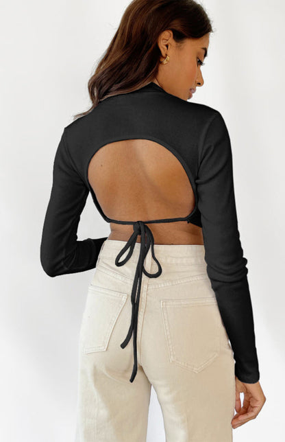 Monochrome Sexy Halter Top With Half-High Neck And Long Sleeves