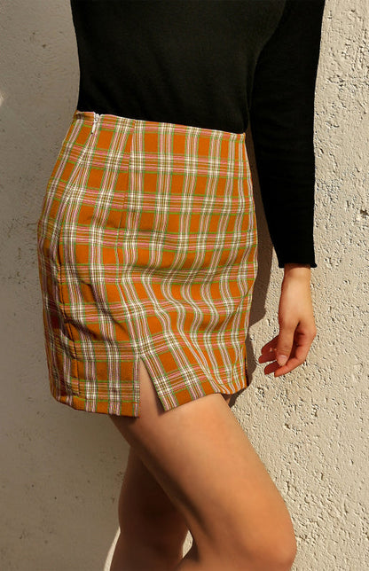 Versatile Hip Wrap Split High Waist Plaid Skirt