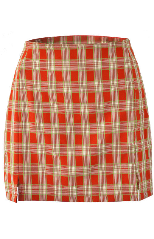 Versatile Hip Wrap Split High Waist Plaid Skirt