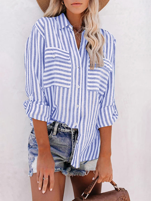 Women's Linen Cotton Washed Water Stripe Single Breasted Long Sleeve Shirt Women