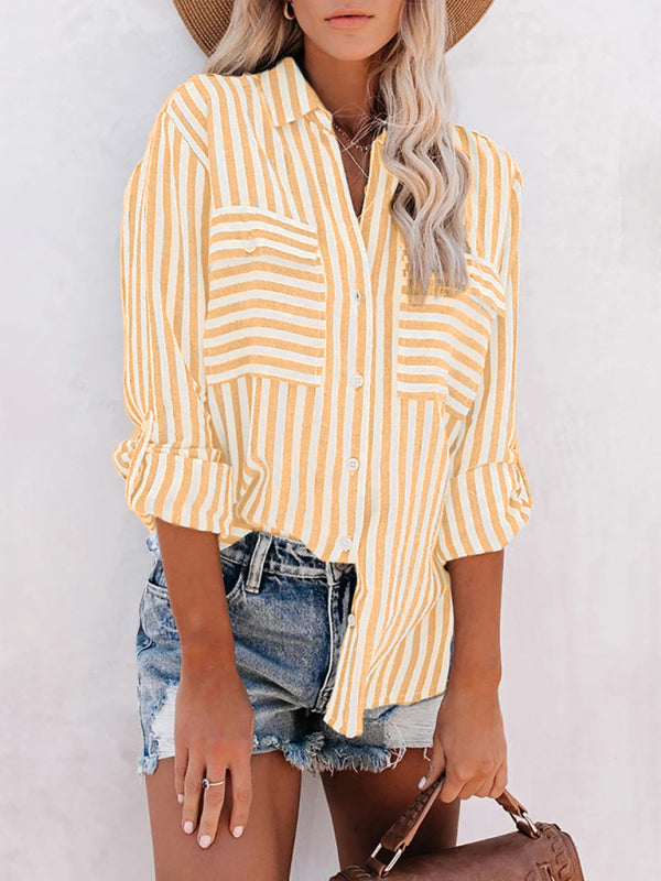 Women's Linen Cotton Washed Water Stripe Single Breasted Long Sleeve Shirt Women